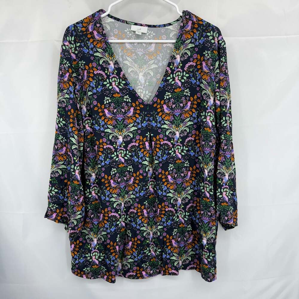 J Jill Women XLT Floral Blouse Bird Shirt Colorful V Neck 3/4 Sleeve Casual Top